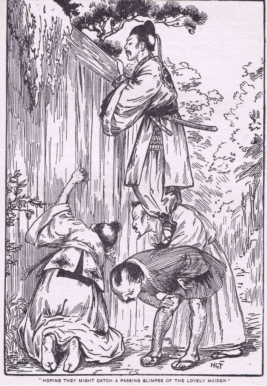 In de hoop een glimp op te vangen van het mooie meisje (uit Daughter of the Moon) (litho) door Harry George Theaker