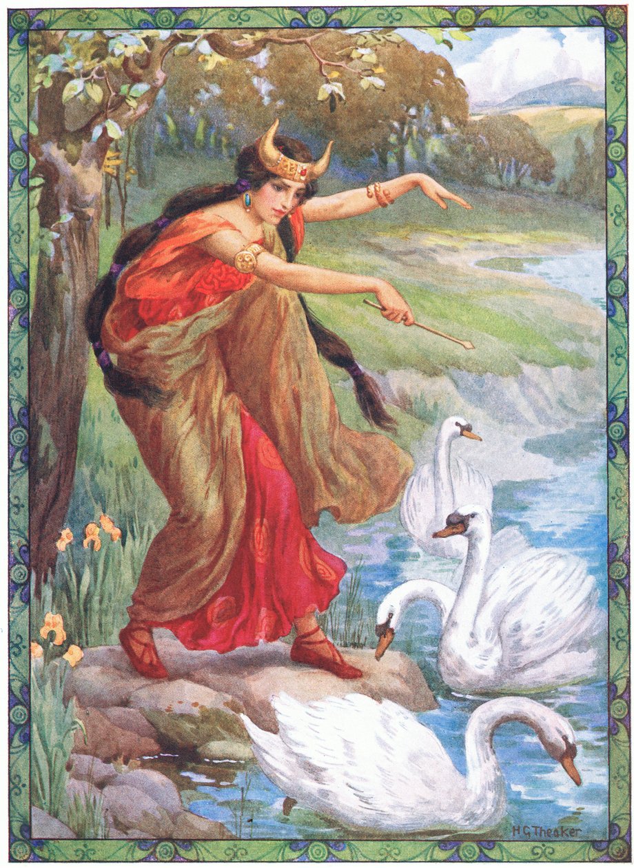 "In plaats van de vier kinderen wat zag zij" (uit de Kinderen van Lir) (kleurenlitho) door Harry George Theaker