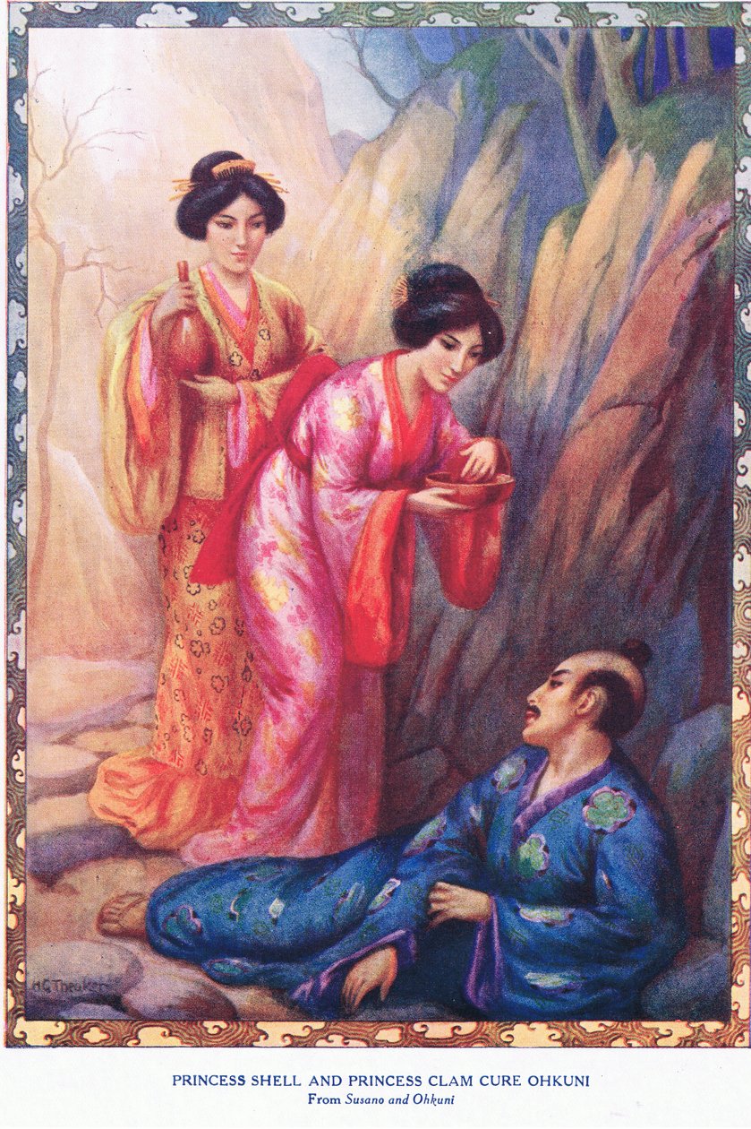 Princess Shell en Princess Clam genezen Ohkuni (uit Susano en Ohkuni) (litho) door Harry George Theaker