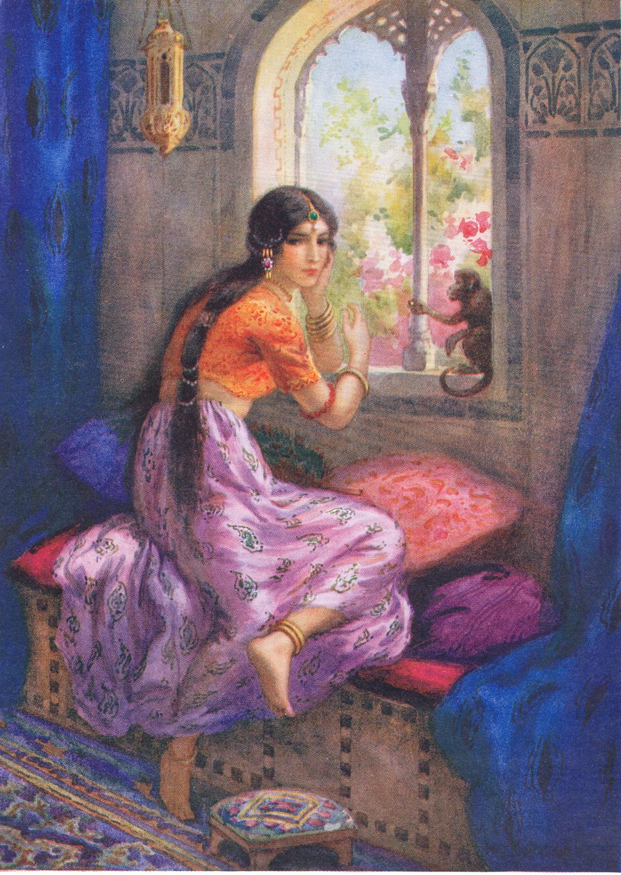 "Rama: fluisterde Hanuman nog eens". Uit de avonturen van Rama en Sita, illustratie uit 