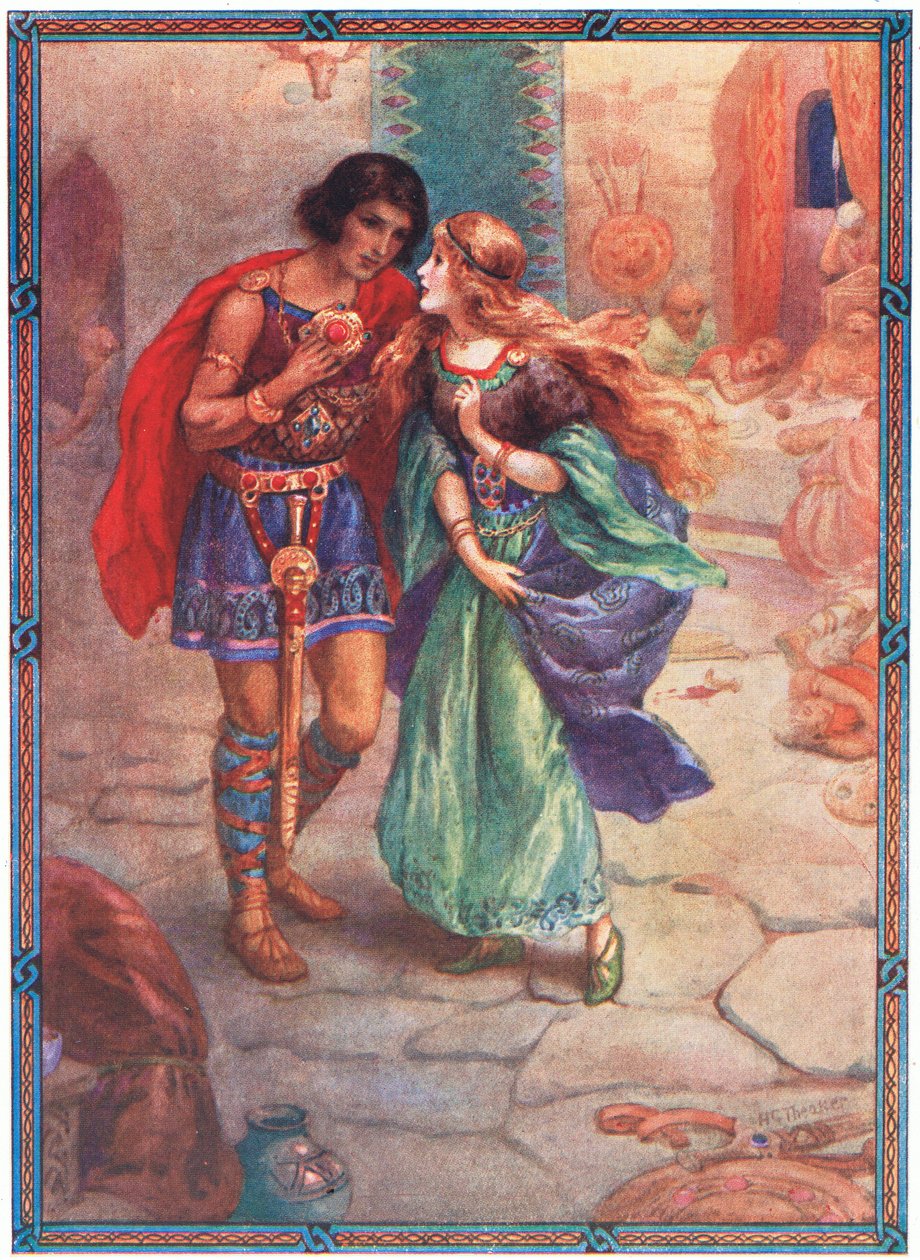 "Neem mij tot je vrouw" (uit Diarmud en Grania) (kleurenlitho) door Harry George Theaker