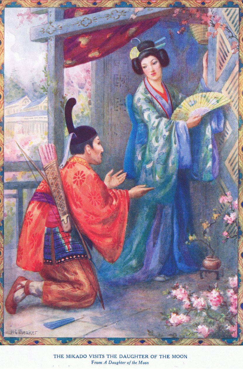 De Mikado bezoekt de Dochter van de Maan (uit de Dochter van de Maan) (litho) door Harry George Theaker