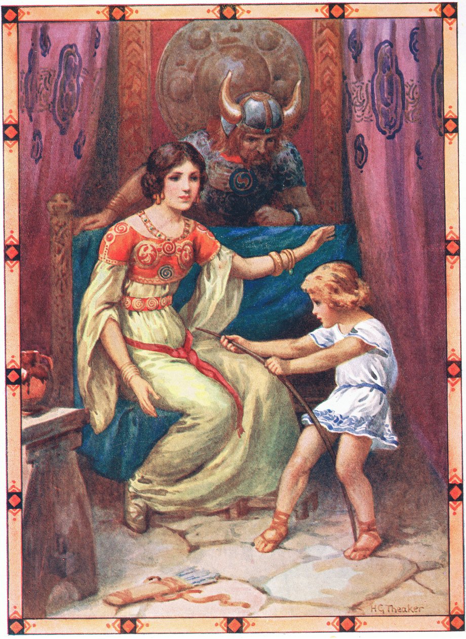 Het kind vertoonde tekenen van grote kracht (uit de Tiran van de Eilanden) (kleurenlitho) door Harry George Theaker