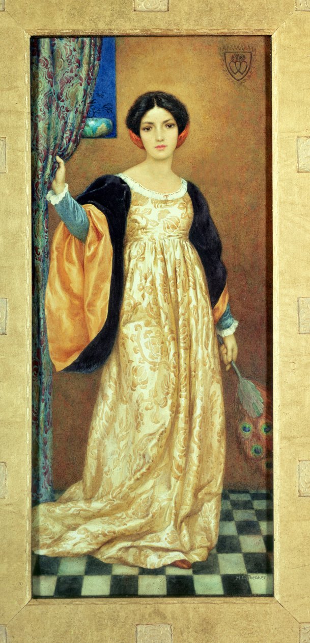 Vrouw met pauwenwaaier (aquarel) door Harry George Theaker