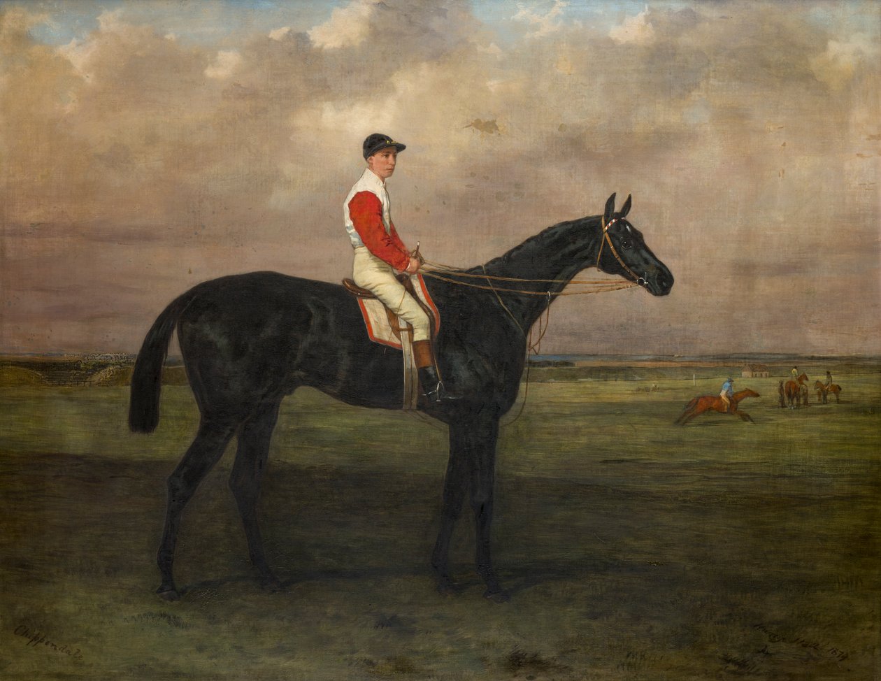 Chippendale-een renpaard met jockey op Newmarket Racecourse, ca. 1874 door Harry Hall