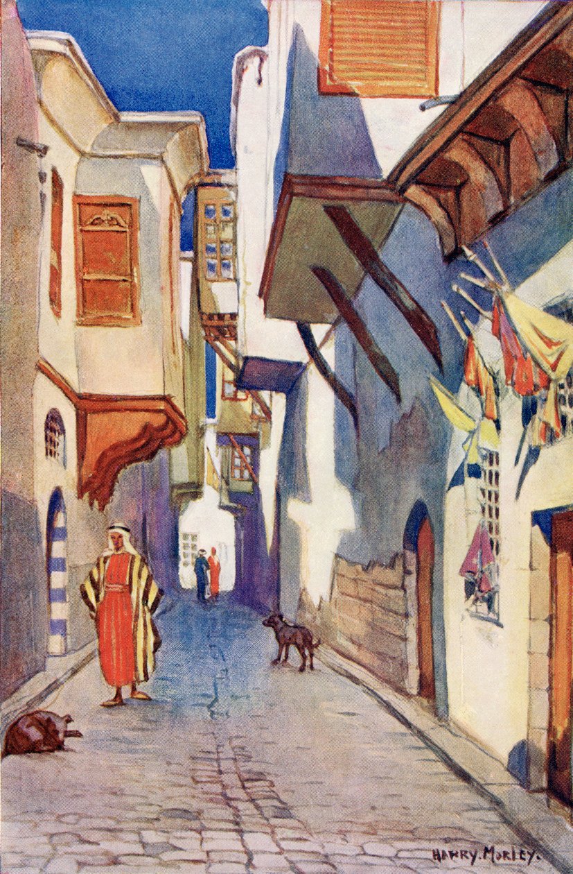 Een straat in Damascus, Syrië, ca. 1910, uit A Book of Modern Palestine van Richard Penlake, gepubliceerd ca. 1910. door Harry Morley