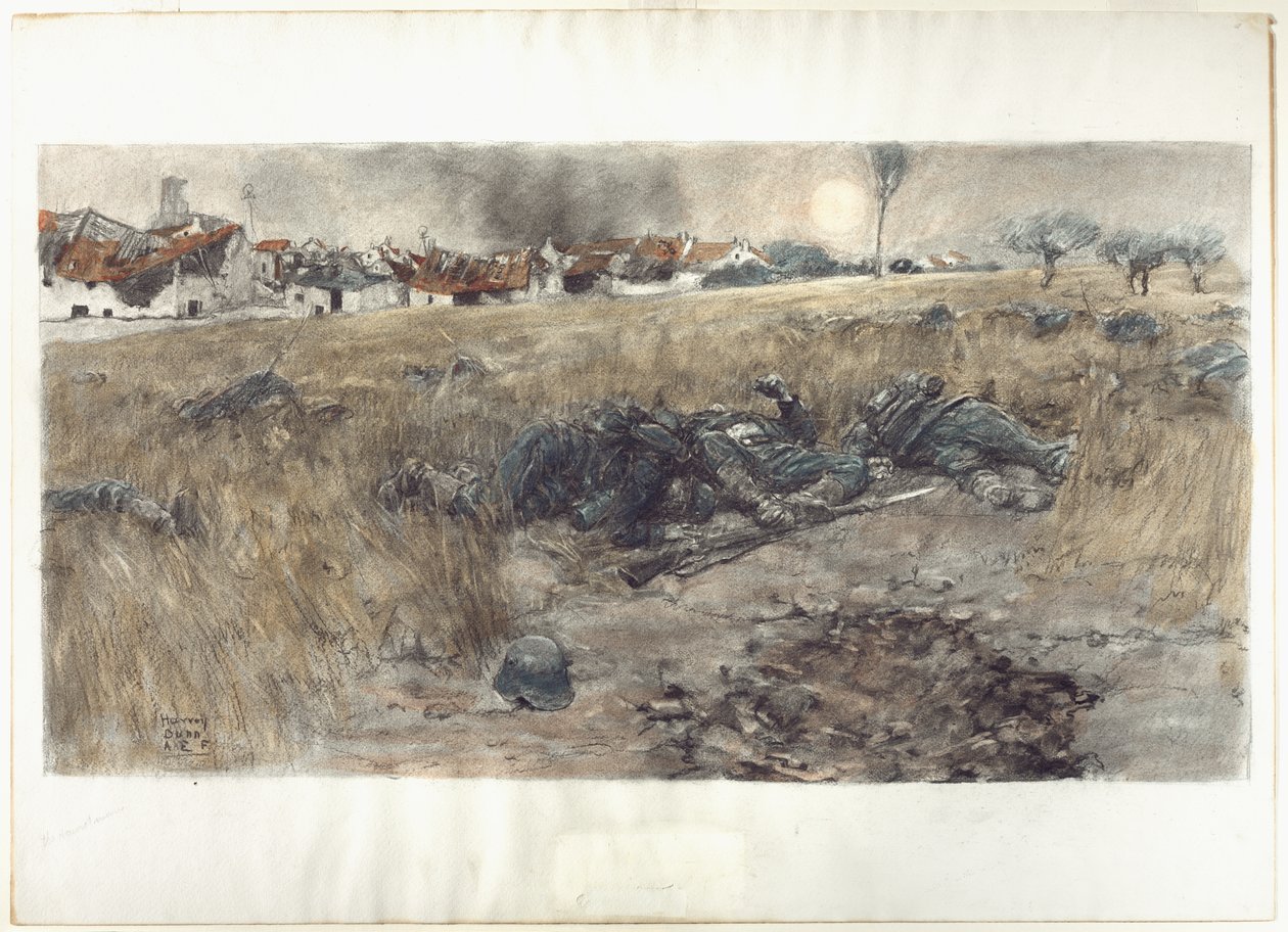 De Oogstmaan, c.1918 (houtskool  aquarel, pastel op papier) door Harvey T. Dunn