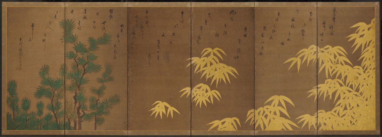 Bamboe met Chinese taxus, c.1605-10 (zesluik kamerscherm: inkt, kleur  goud op papier) door Hasagawa & Sodon Tetsuzan (1531 1617) (attr.) Tohaku