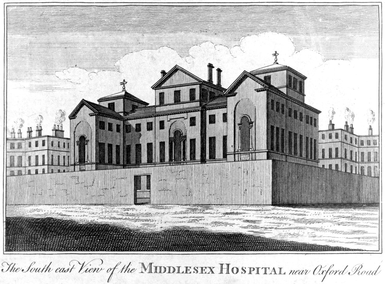 Het Zuidoostelijke Uitzicht van het Middlesex Ziekenhuis, 1745 door Haynes King