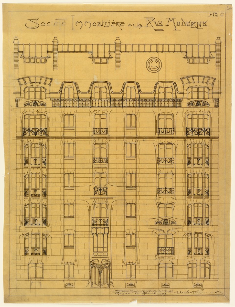 Ontwerp voor de gevel van Société Immobilière de la Rue Modern, nr. 6 door Hector Guimard