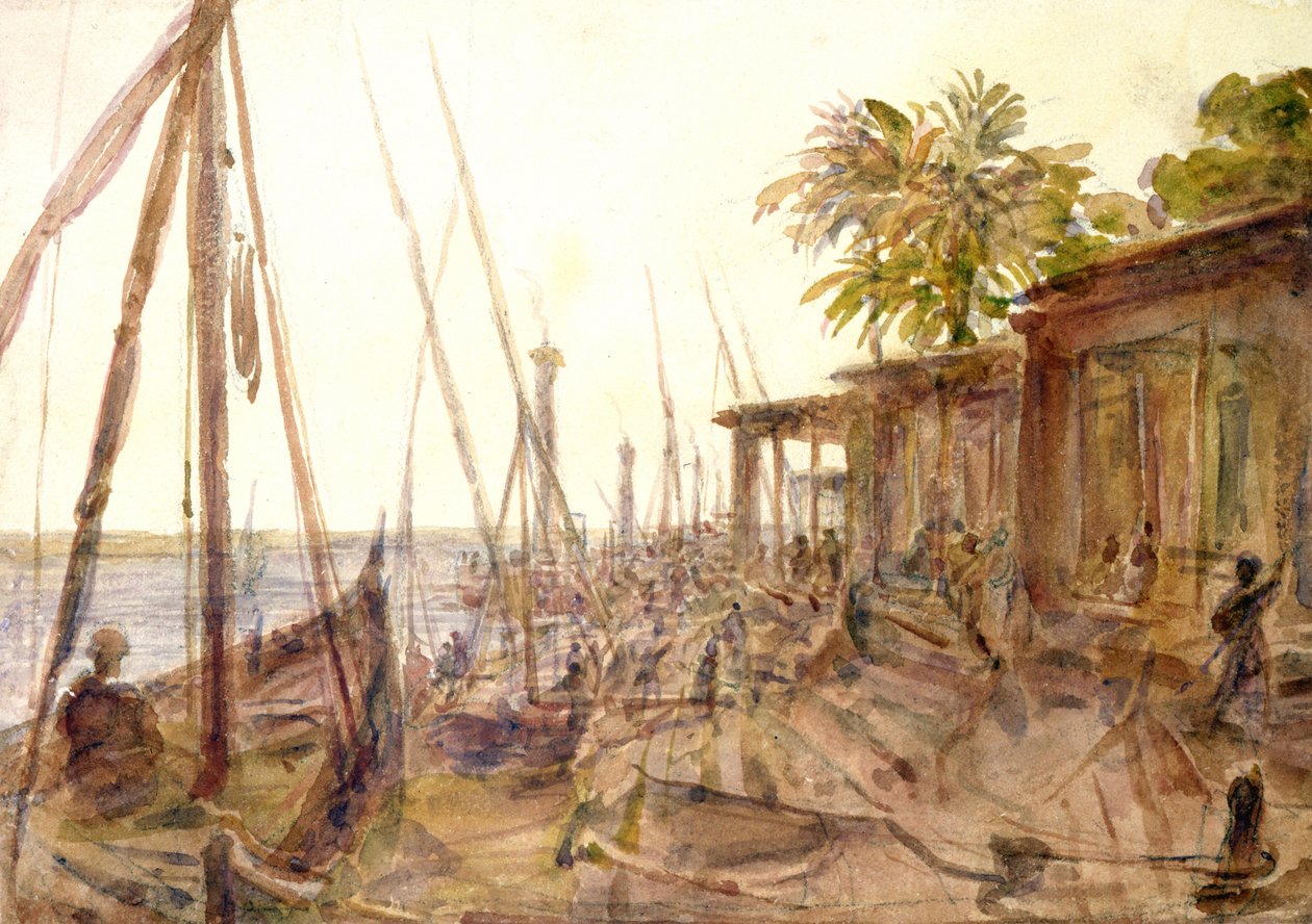 Uitzicht op de Nijl. Aquarel van Hector Horeau (1801-1872), Franse architect. Rivier gezien door boten die aan kade liggen. Egypte. door Hector Horeau