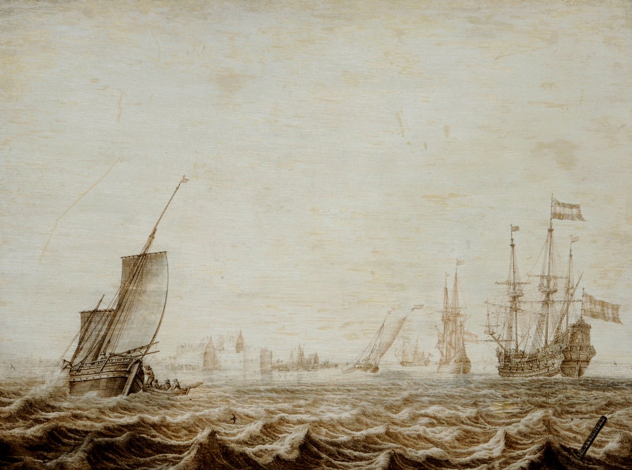 Een Wijdschip dat zeil strijkt in een woelige zee, midden 17e eeuw door Heerman Witmont