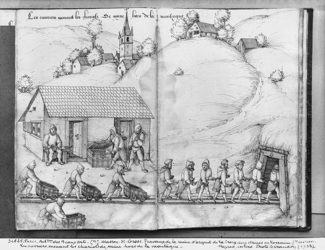 Zilvermijn van La Croix-aux-Mines, Lorraine, fol.10v en fol.11r, mijnwerkers duwen karren, c.1530 door Heinrich Gross or Groff