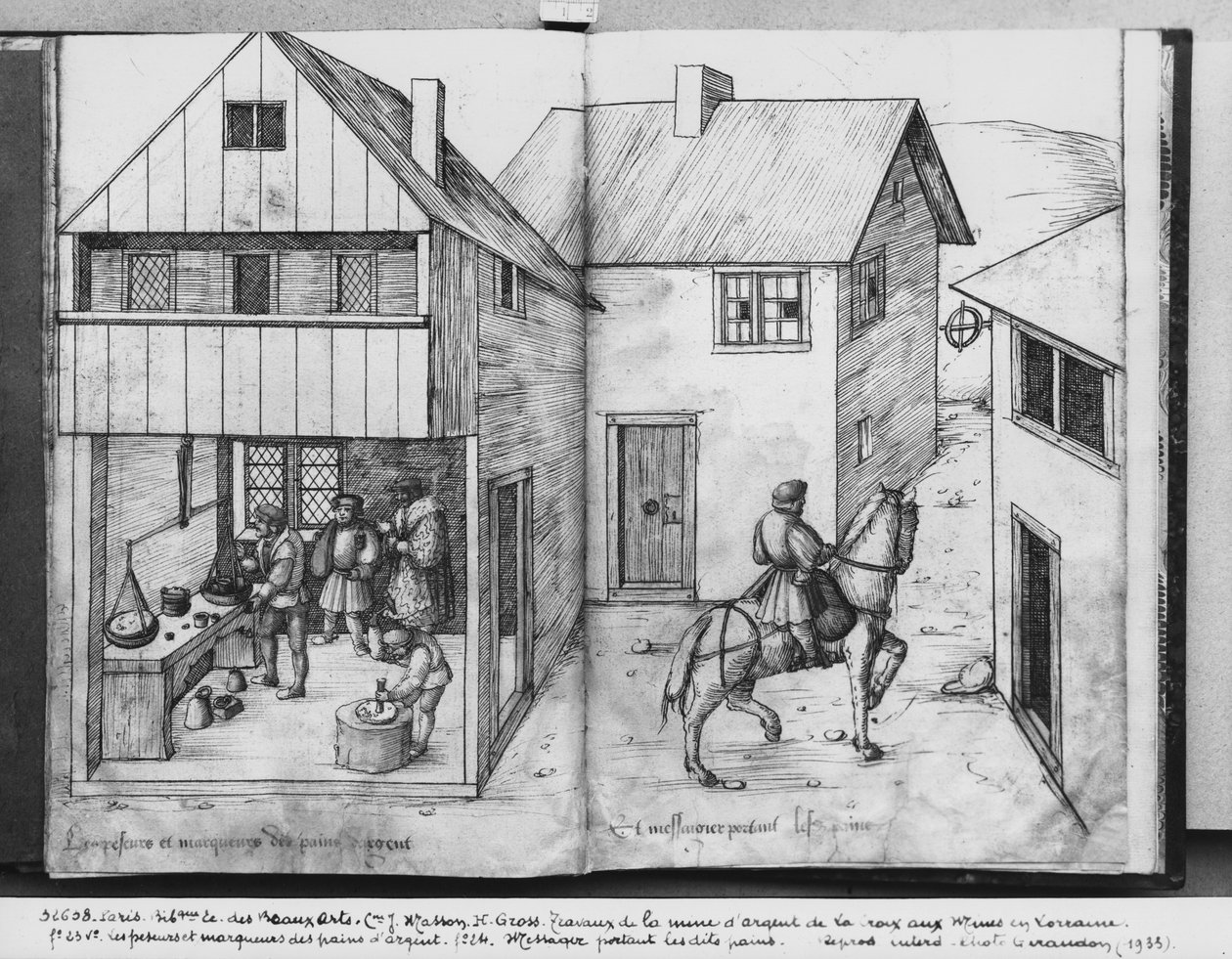 Zilvermijn van La Croix-aux-Mines, Lorraine, fol.23v en fol.24r, het wegen en stempelen van de zilverbaren, een boodschapper die de baren draagt, ca. 1530 door Heinrich Gross or Groff