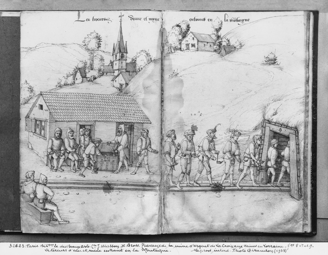 Zilvermijn van La Croix-aux-Mines, Lorraine, fol.8v en fol.9r, mijnwerkers die de mijn betreden, ca. 1530 door Heinrich Gross or Groff