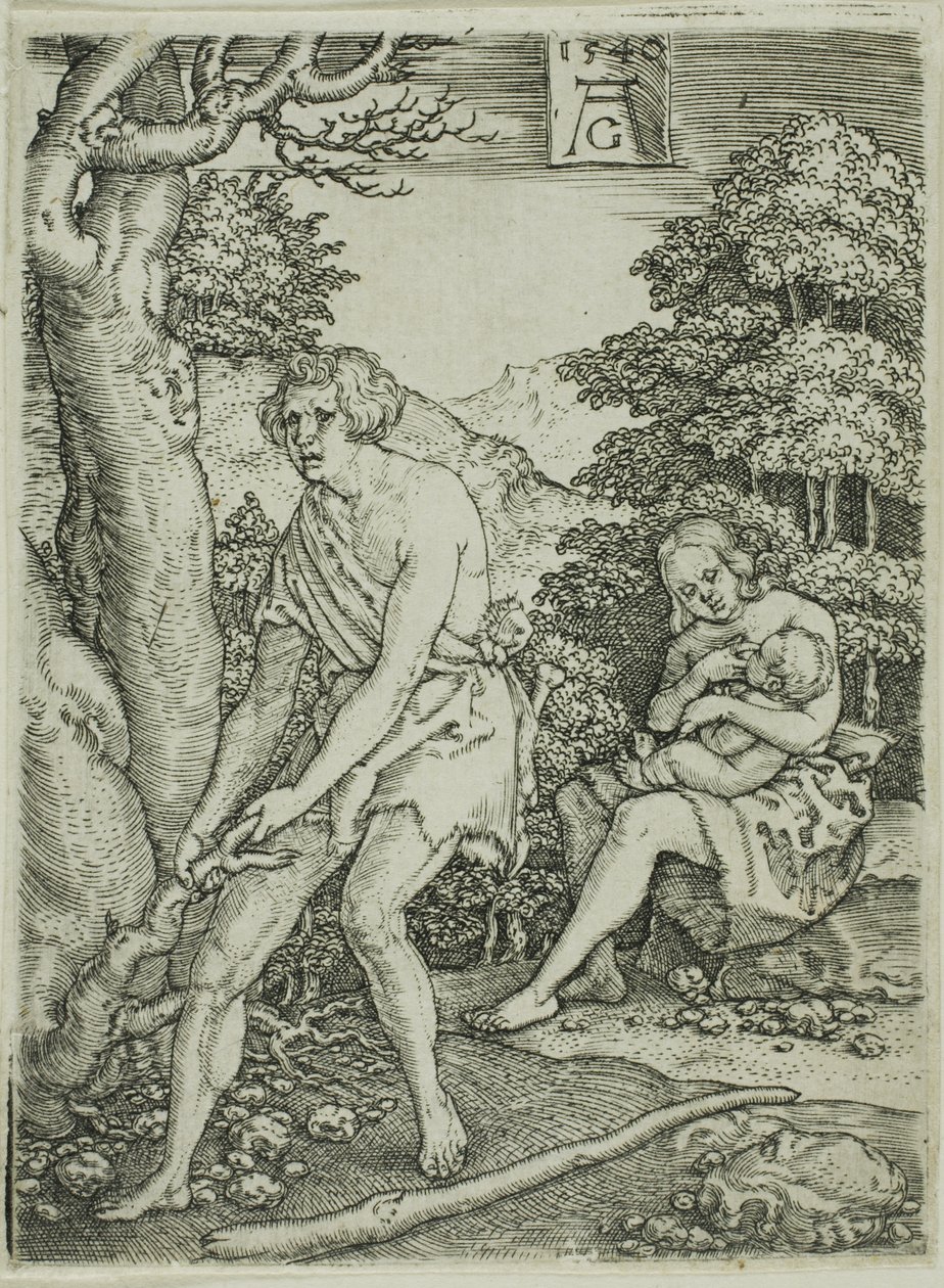 Adam en Eva aan het Werk, uit Het Verhaal van Adam en Eva door Heinrich Aldegrever