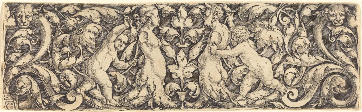 Kruispaneel met Wijnstok in het Midden en Tritonskoppel door Heinrich Aldegrever