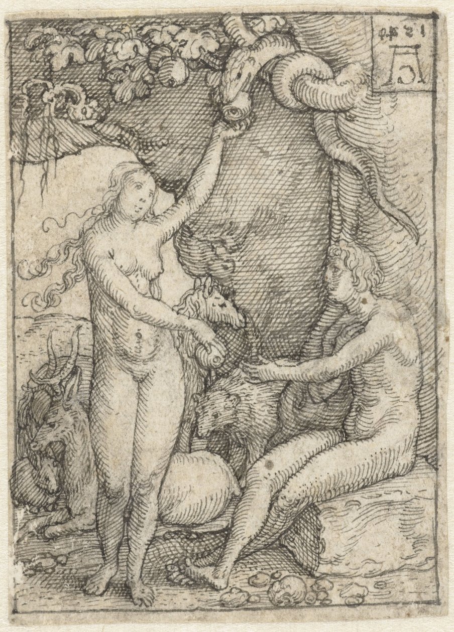 Eva reikt Adam de Appel onder de boom met de slang (Ontwerptekeningen voor de serie gravures De Macht van de Dood) door Heinrich Aldegrever