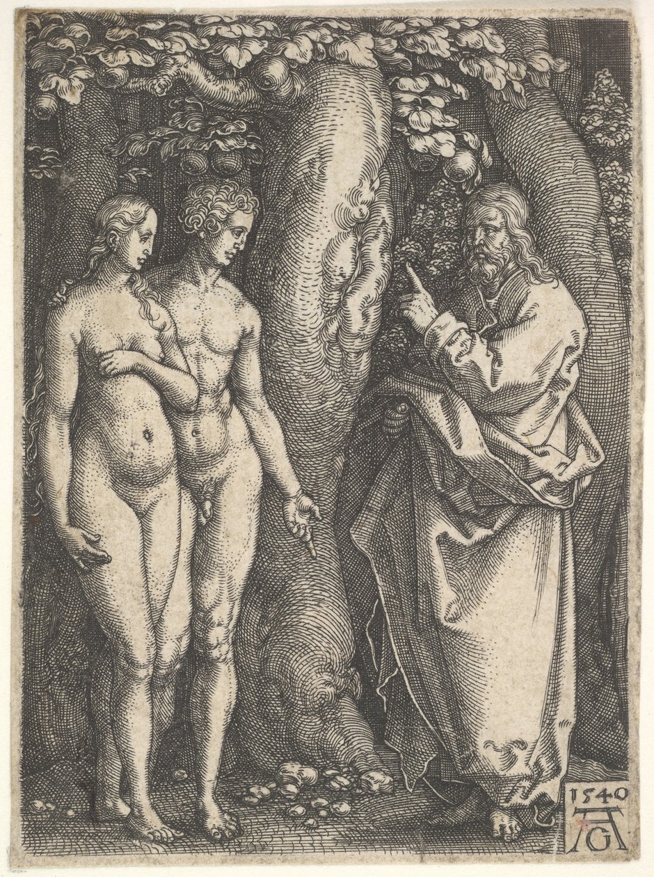 God rechts verbiedt de naakte Adam en Eva links om van de boom van kennis te eten door Heinrich Aldegrever