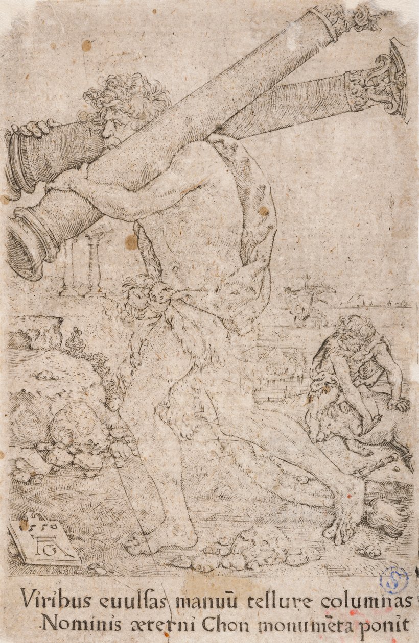 Hercules draagt de zuilen van Gades, uit de serie:  De Werken van Hercules (12) door Heinrich Aldegrever