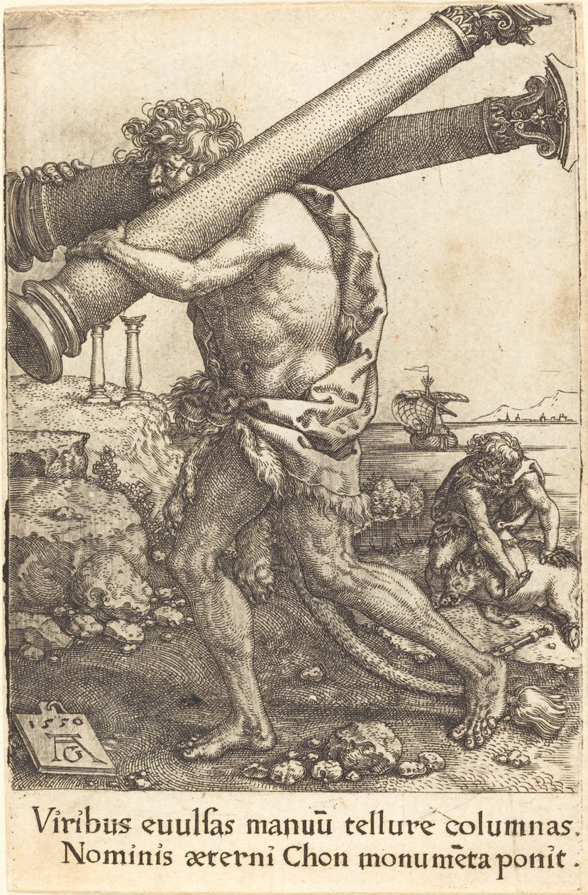Hercules draagt de twee zuilen van Gaza, 1550 door Heinrich Aldegrever