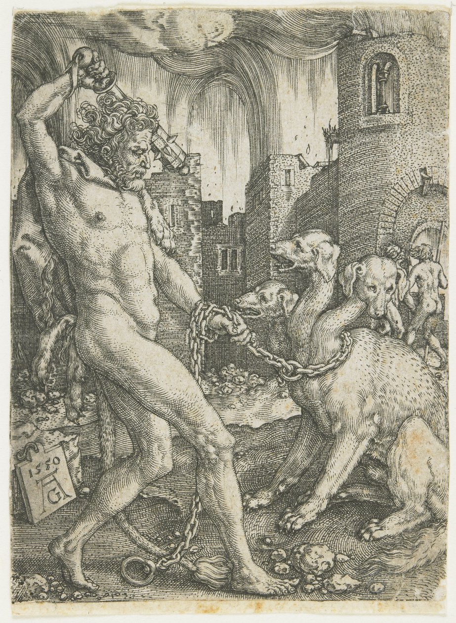 Hercules Ketent Cerberus, 1550 door Heinrich Aldegrever