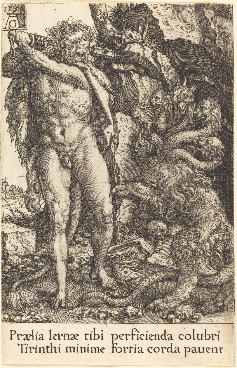 Hercules vecht met de Hydra van Lernea door Heinrich Aldegrever