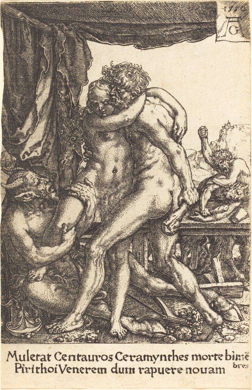 Hercules voorkomt de verkrachting van Hippodamia door de centauren door Heinrich Aldegrever