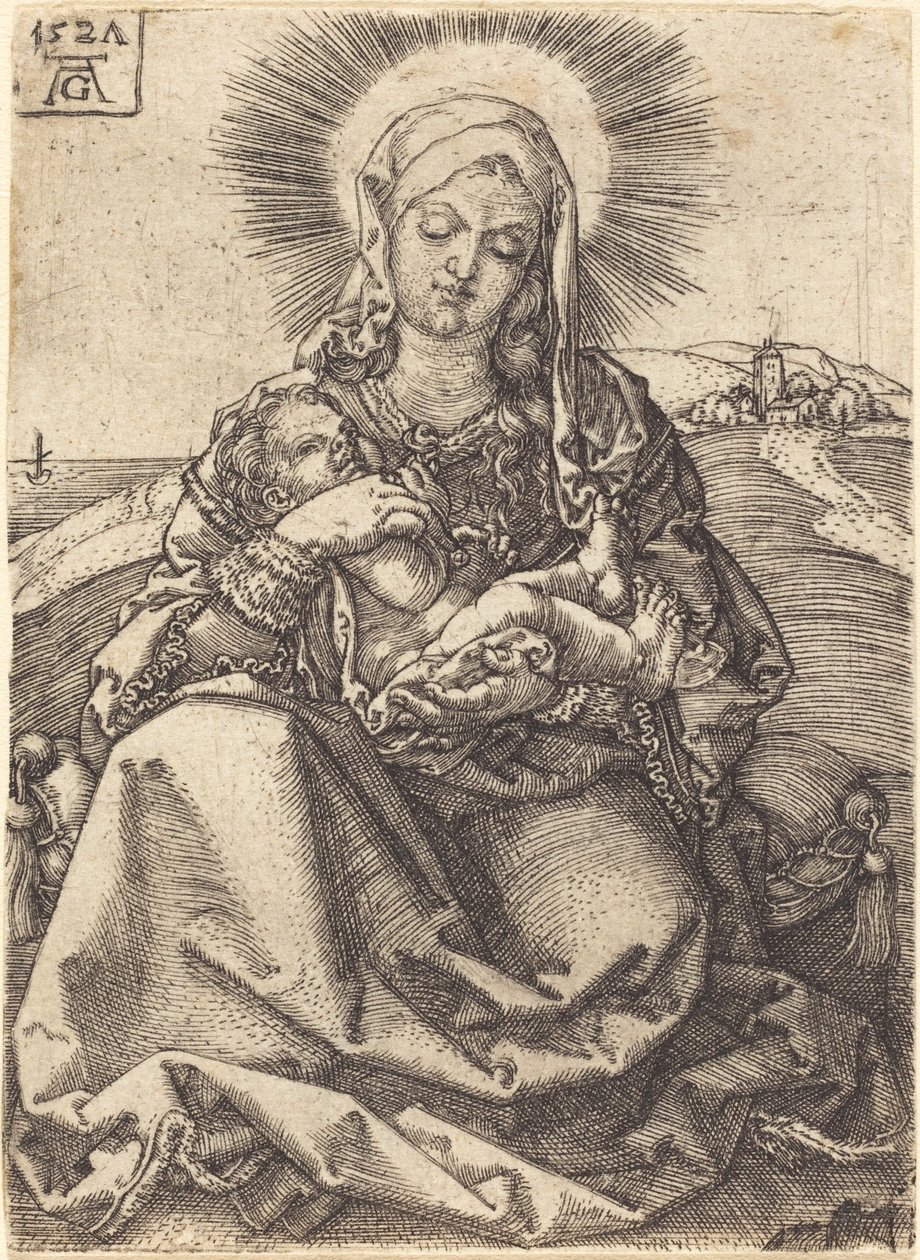 Madonna in een Landschap Zittend op een Kussen door Heinrich Aldegrever