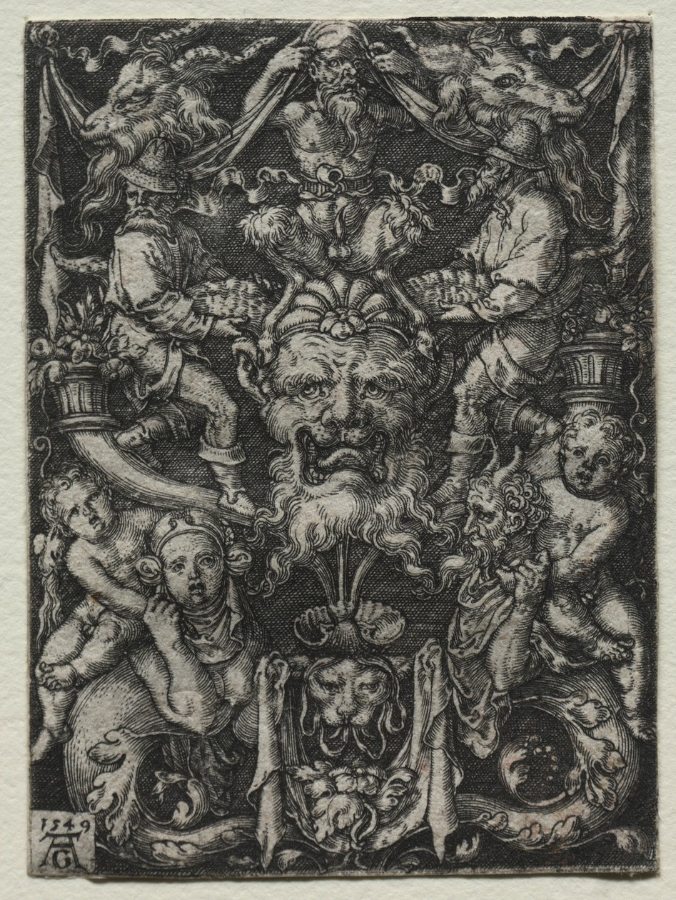 Ornamentontwerp met een masker, een paar tritons en twee kinderen eronder, 1549 door Heinrich Aldegrever