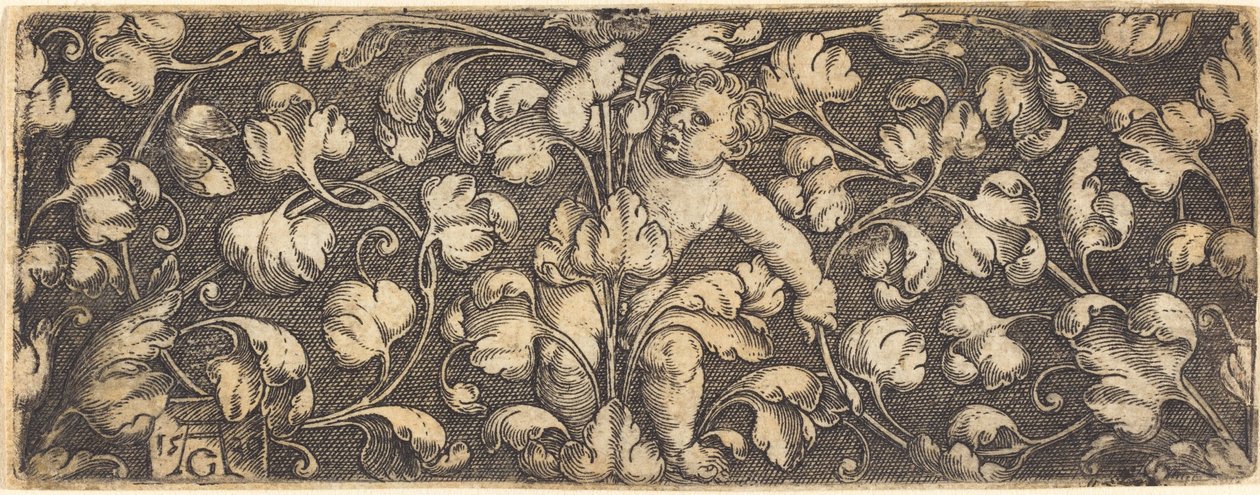 Ornament met loofwerk en een kind in het midden door Heinrich Aldegrever
