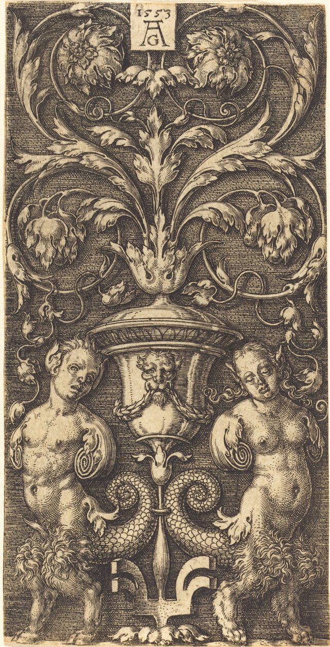 Ornament met Vaas en Twee Vrouwelijke Figuren door Heinrich Aldegrever