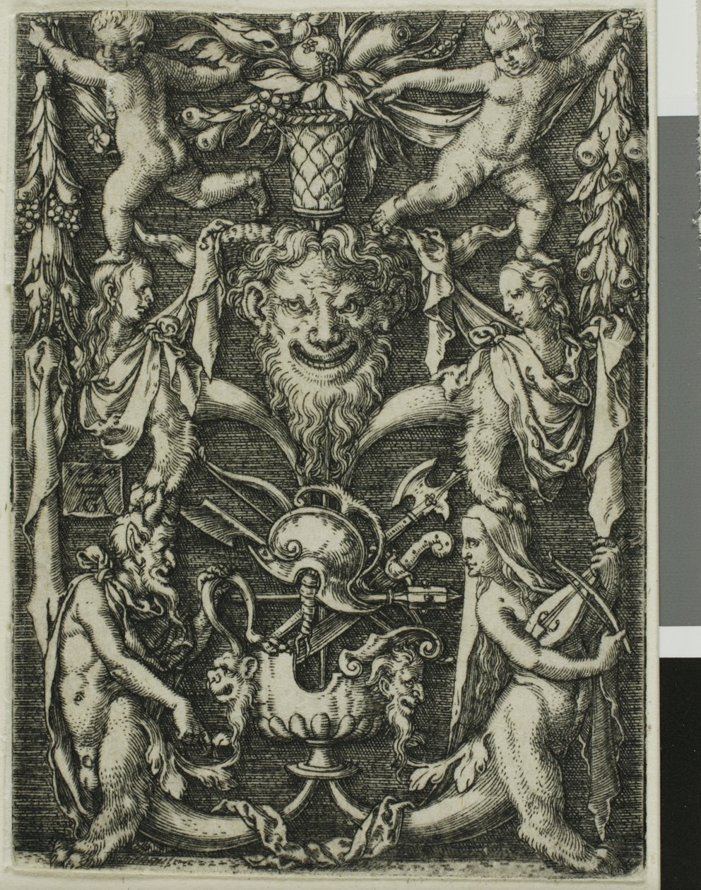Ornamentaal Ontwerp met een Paar Satyrs, Kinderen en een Trofee door Heinrich Aldegrever