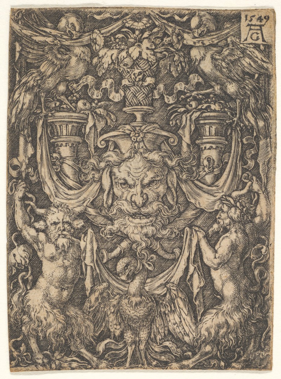 Ornamentaal ontwerp met een masker en een adelaar tussen twee faunen beneden, 1549 door Heinrich Aldegrever