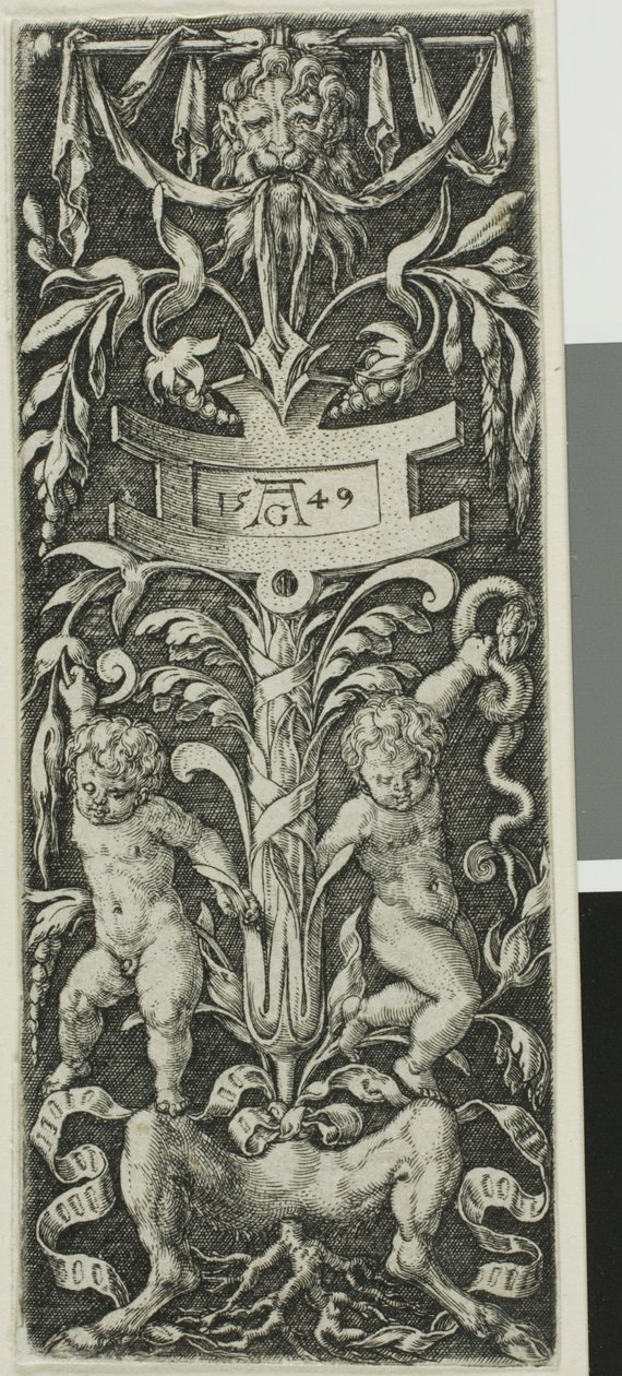 Ornamentpaneel met twee naakte jongens op de benen van een sater door Heinrich Aldegrever
