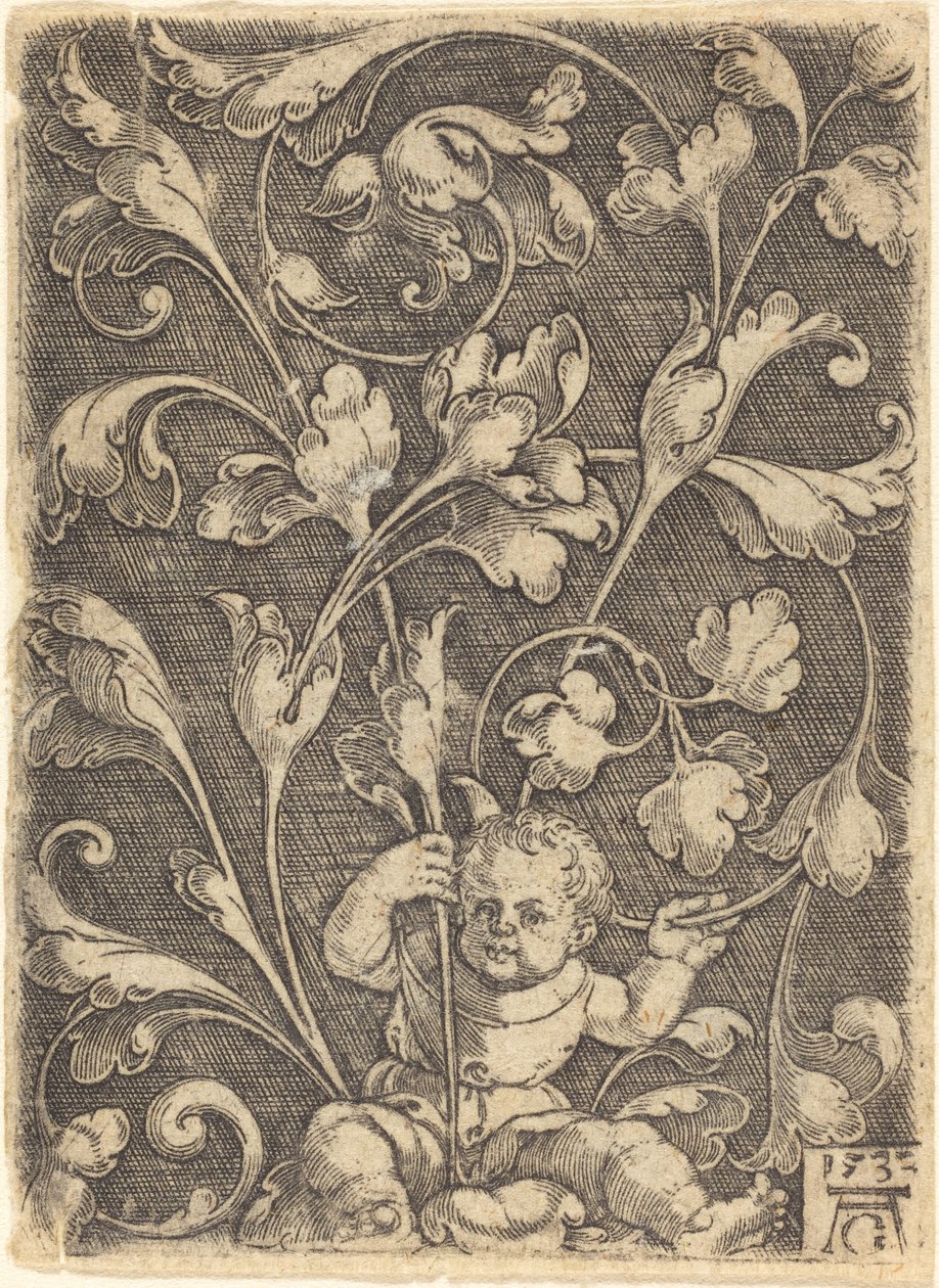 Scroll ornament met zittend kind, 1532 door Heinrich Aldegrever