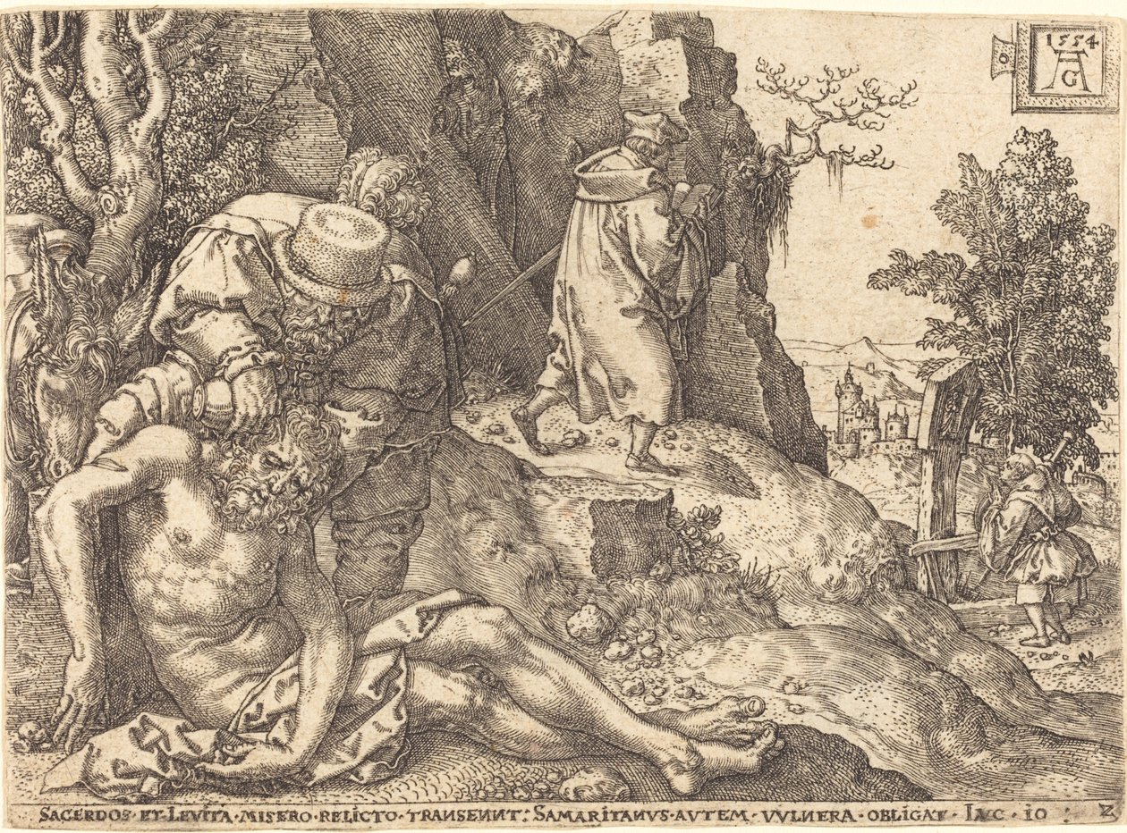 De barmhartige Samaritaan die de reiziger helpt, 1554 door Heinrich Aldegrever