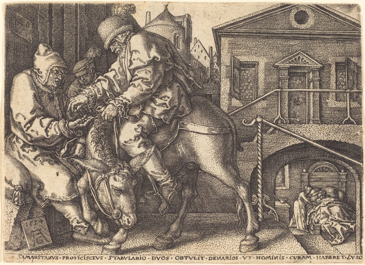De Barmhartige Samaritaan Betaalt voor het Verblijf van de Reiziger door Heinrich Aldegrever