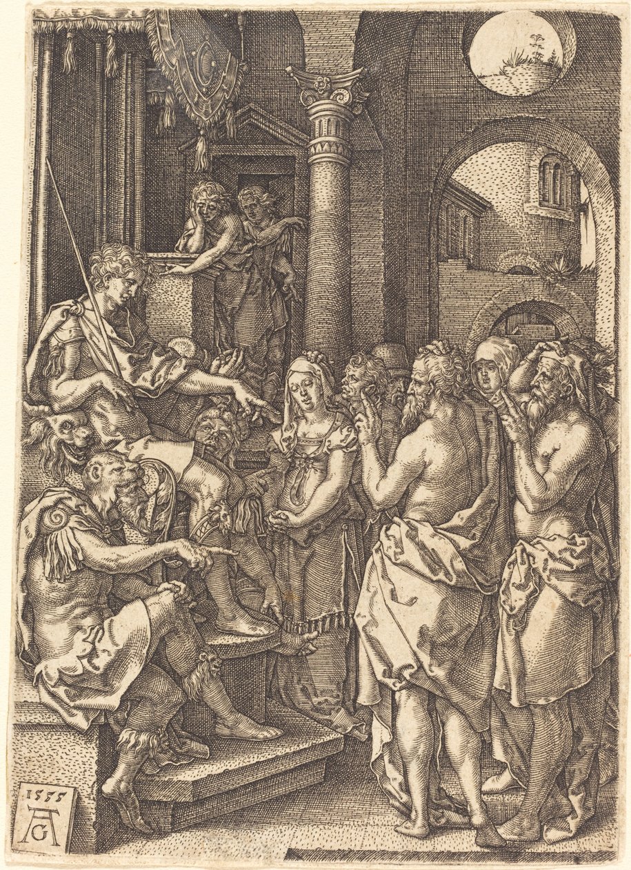 De twee ouderlingen voor de rechter, 1555 door Heinrich Aldegrever