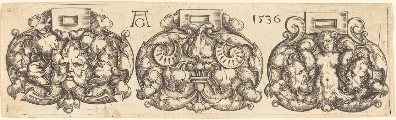 Drie gespen van gordels naast elkaar, 1536 door Heinrich Aldegrever