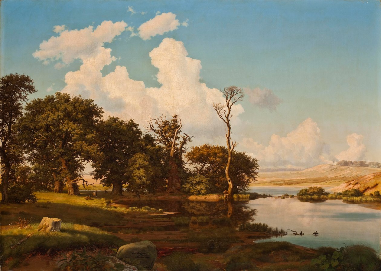 Deens: Deens landschap, eikenbomen aan een meer. Deens landschap, eikenbomen aan een meer. door Heinrich Buntzen