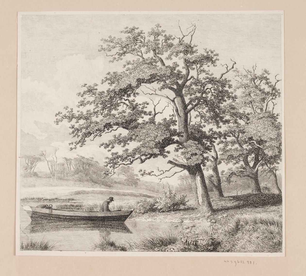 Landschap met eiken bij een meer, waar een oude man in een boot te zien is door Heinrich Buntzen