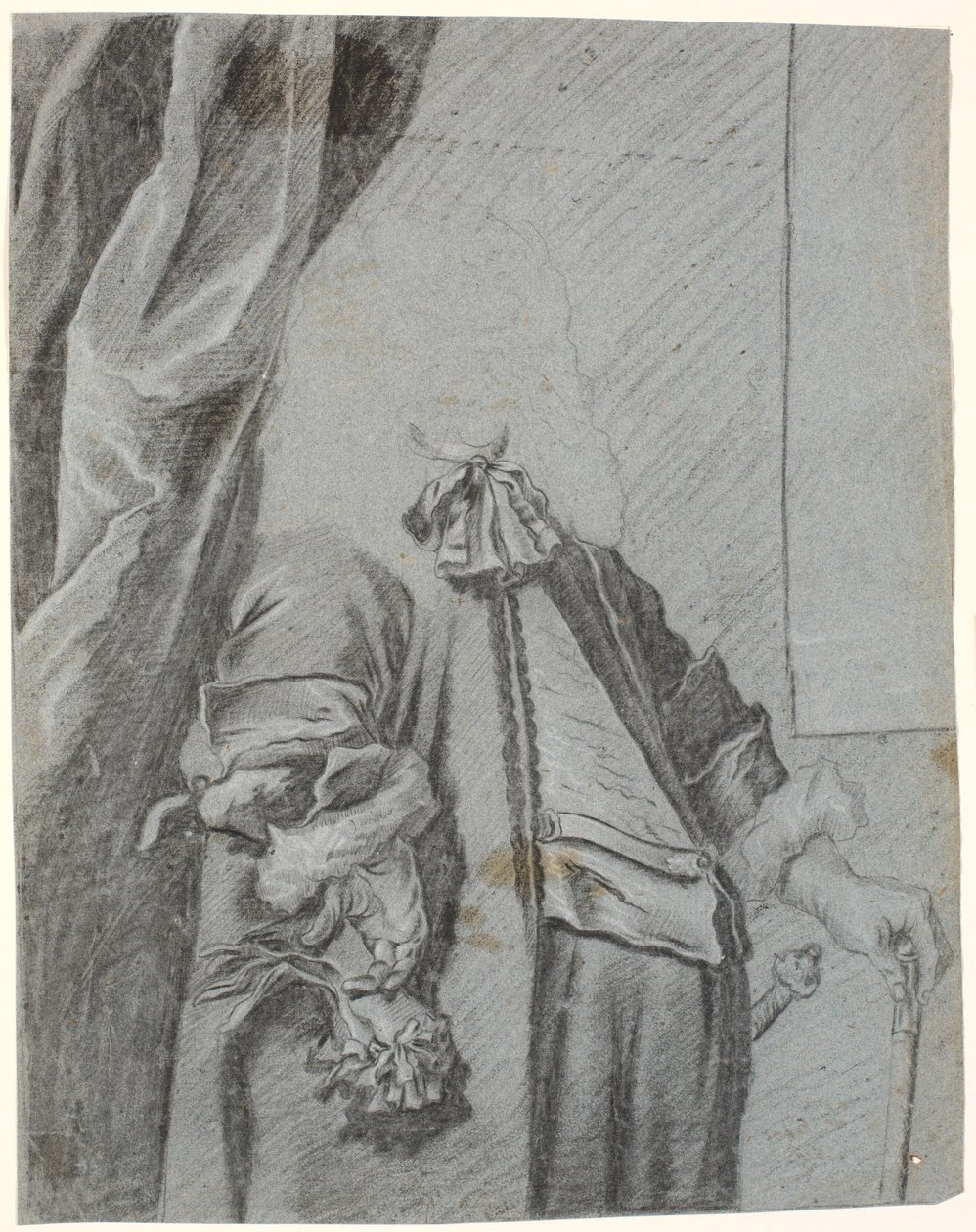 Studie voor een mannenportret, 3/4 figuur, rechterhand met handschoen, leunend op de zij, linkerhand leunend op stok door Heinrich Dittmers