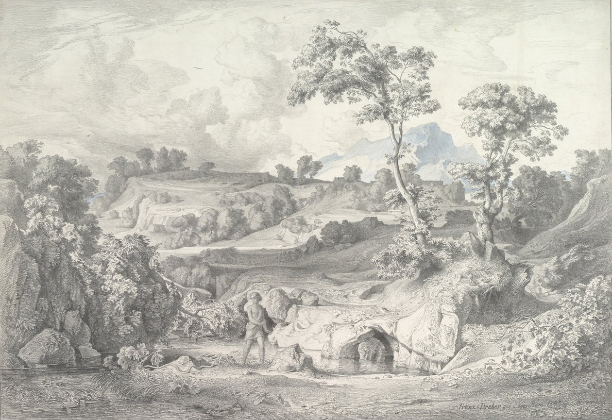 Zuidelijk Landschap met een Man en een Slang door Heinrich Dreber