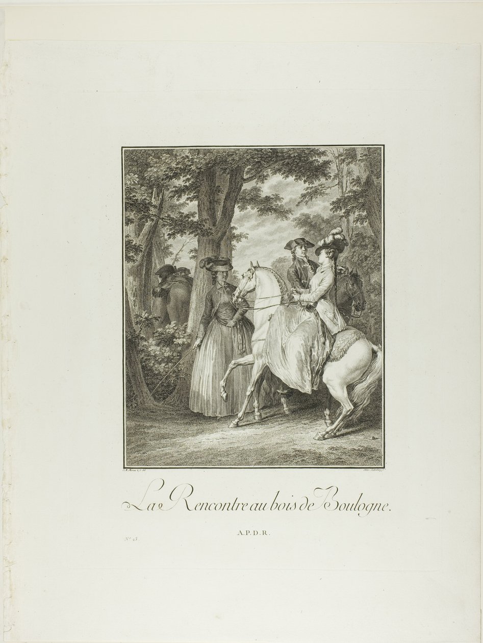 Ontmoeting in de bossen van Boulogne, uit Monument du Costume Physique et Moral de la fin du Dix-huitième siècle door Heinrich Guttenberg