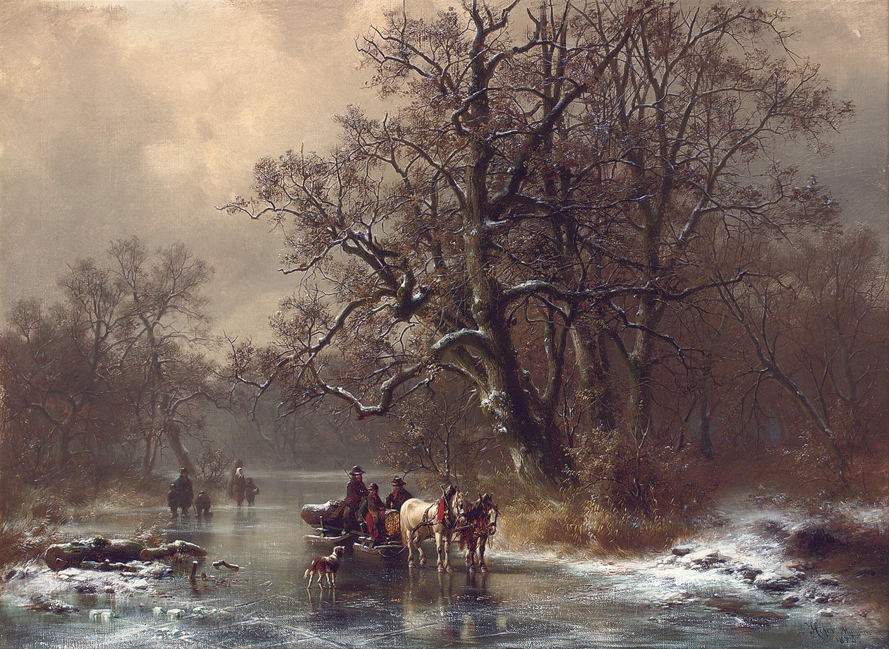Houthakkers op een bevroren waterweg, 1873 door Heinrich Hofer