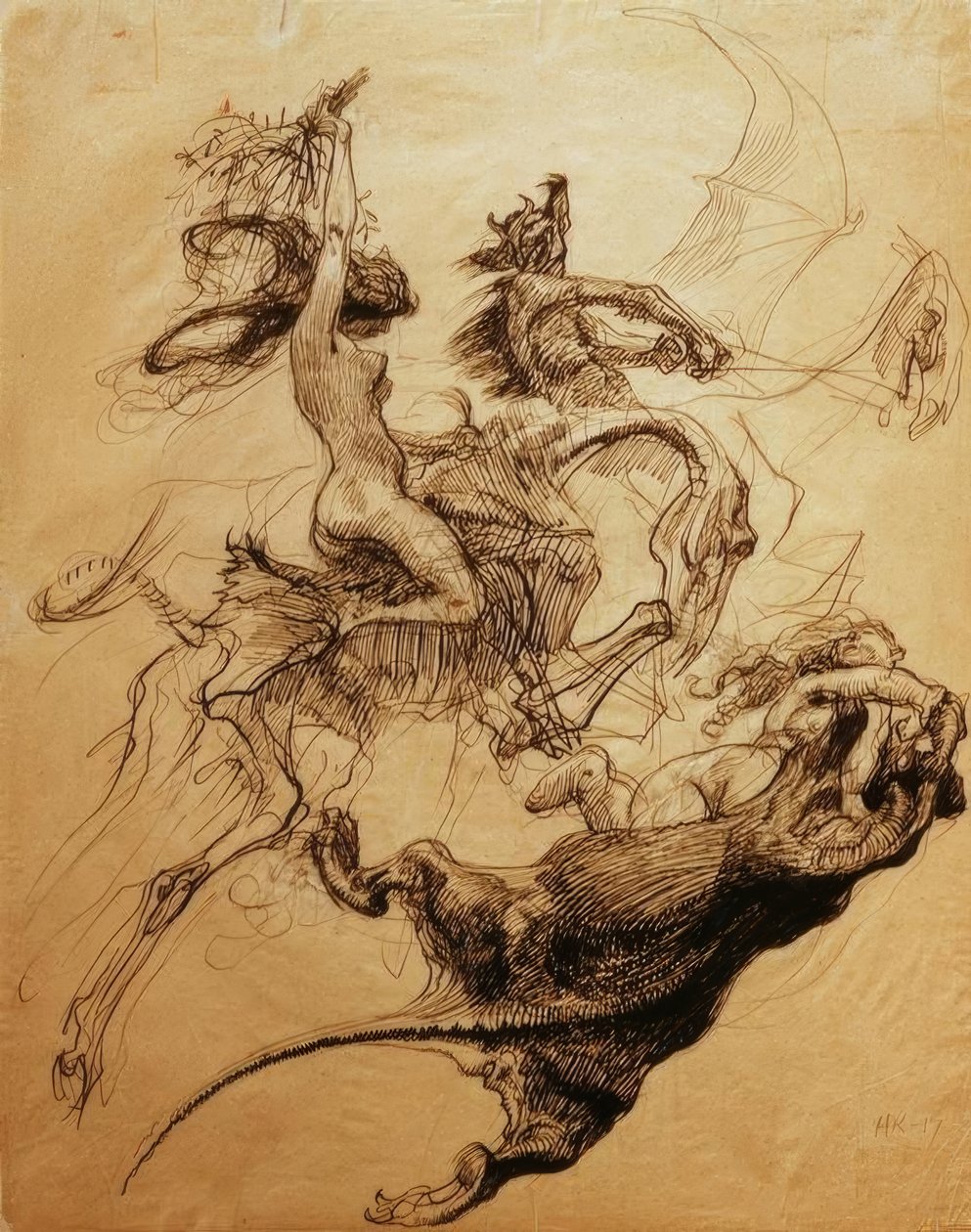 Naakte vrouw rijdt op skelet en duivel op pterodactylus door Heinrich Kley