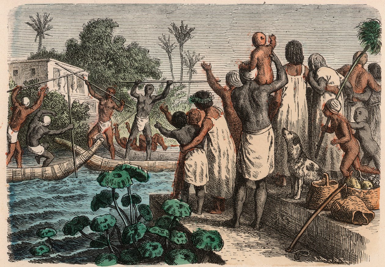 Oud Egypte: Waterstoeien, 1866 door Heinrich Leutemann