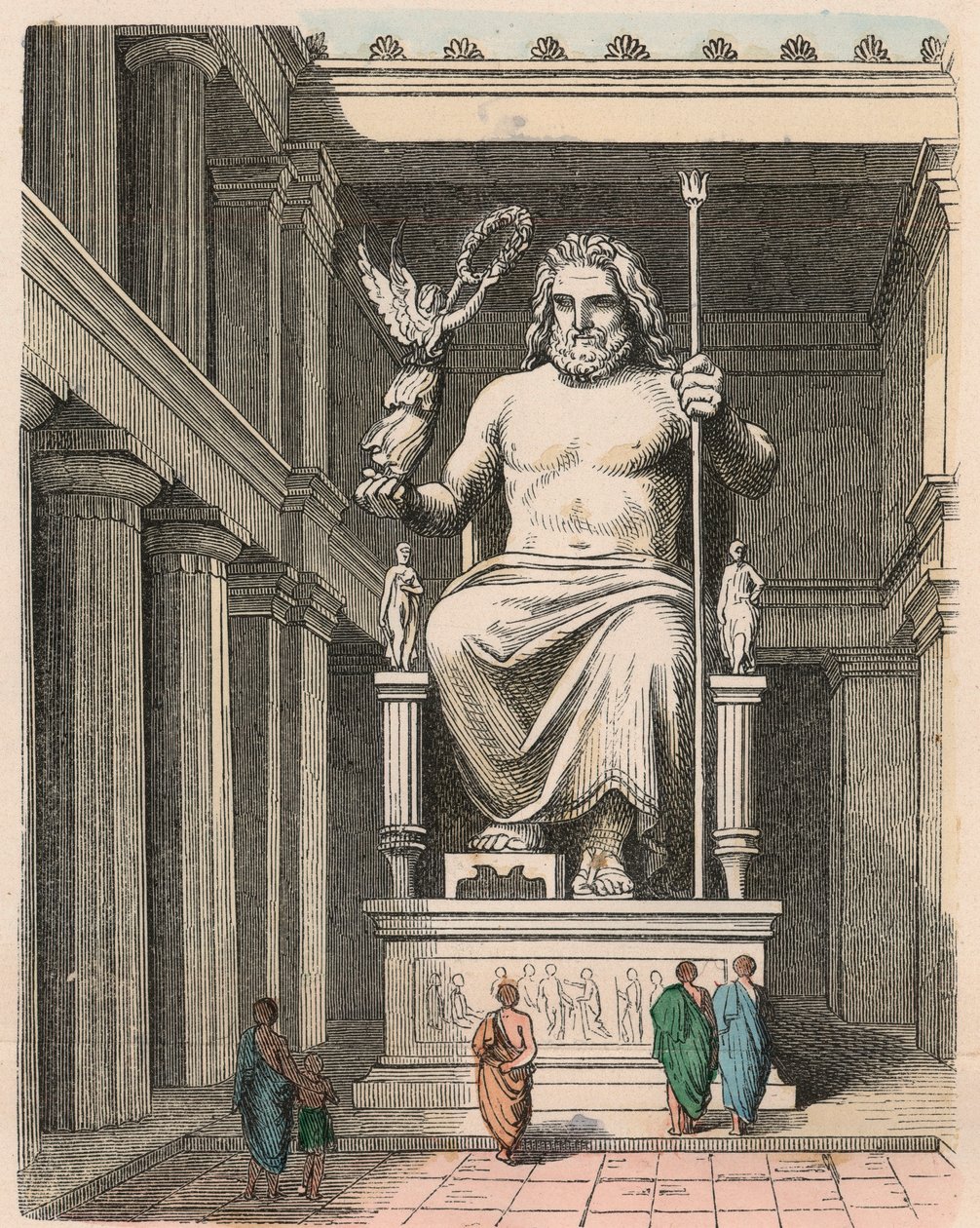 Oud Griekenland: Zeus-standbeeld in de tempel van Olympia - Beeldhouwwerk door Phidias, ca. 440/30 v.Chr. een van de Zeven Wereldwonderen door Heinrich Leutemann