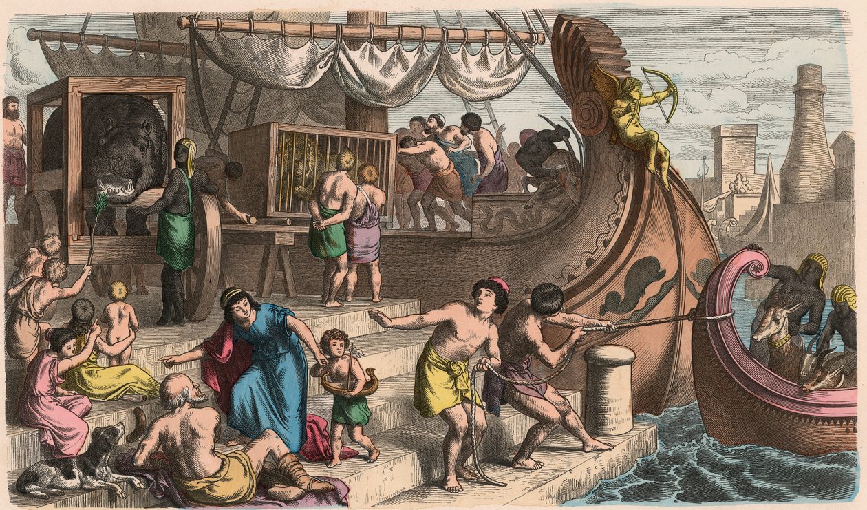 Oud Rome: Zeereis, Wilde dieren worden vervoerd voor het circus door Heinrich Leutemann